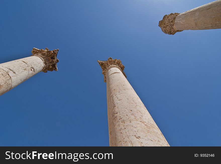 Ancient columns with blue sky in Jerash, Jordan