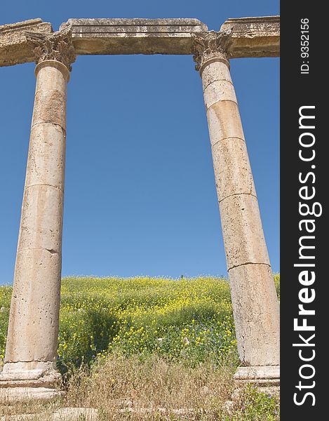 Ancient columns with blue sky in Jerash, Jordan