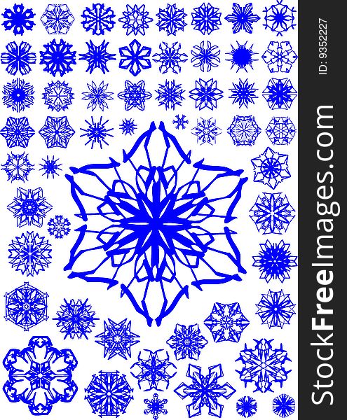 Many vector snowflakes on white