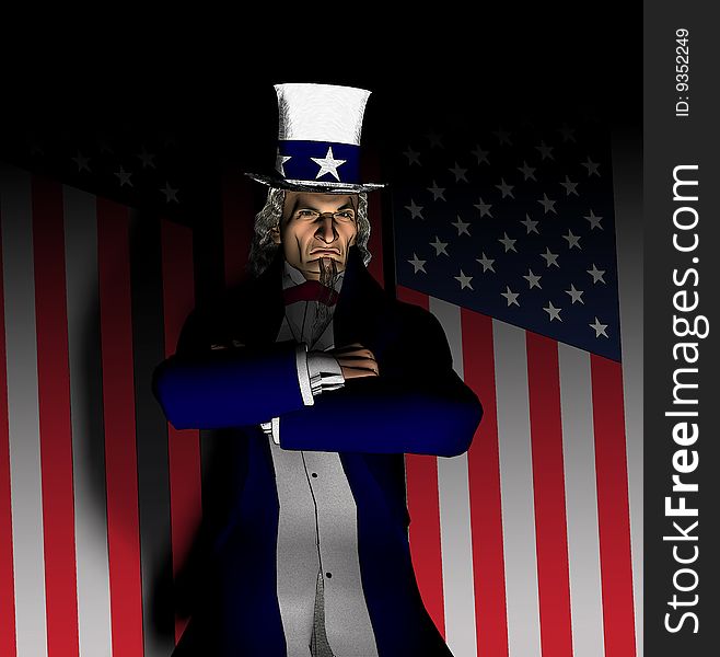 Rendered image of the iconic figure Uncle Sam, standing before the American flag, with arms folded. Rendered image of the iconic figure Uncle Sam, standing before the American flag, with arms folded.