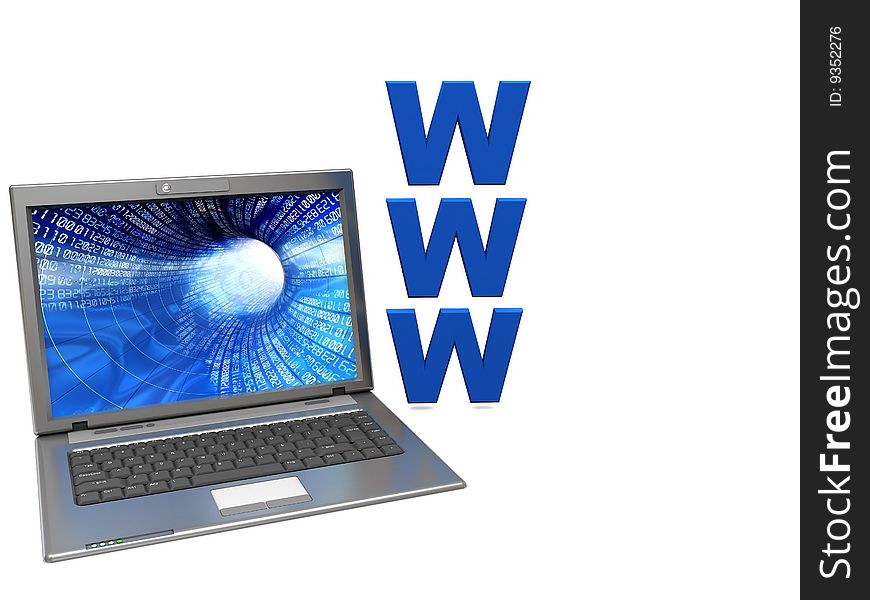 3d illustration of laptop and 'www' sign over white background. 3d illustration of laptop and 'www' sign over white background