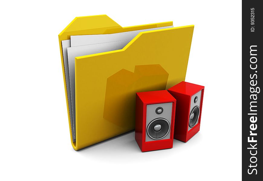 3d illustration of folder icon or symbol with audio speakers, music icon. 3d illustration of folder icon or symbol with audio speakers, music icon
