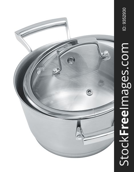 Modern steel saucepan on a white background