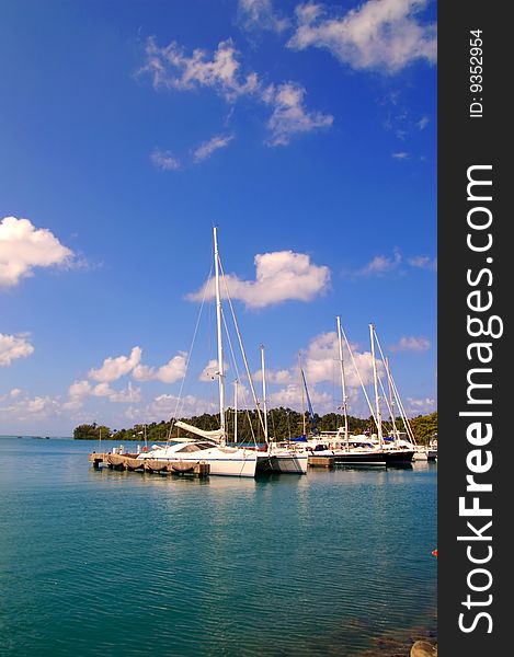 Yachts docked at a tropical harbor