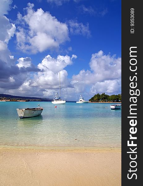 Yachts docked at a tropical harbor in portland marina