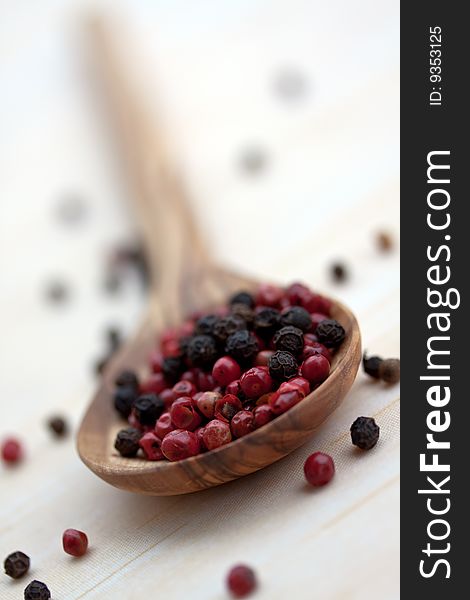 Multicolored Peppercorns in the White Olive-wooden-Spoon.