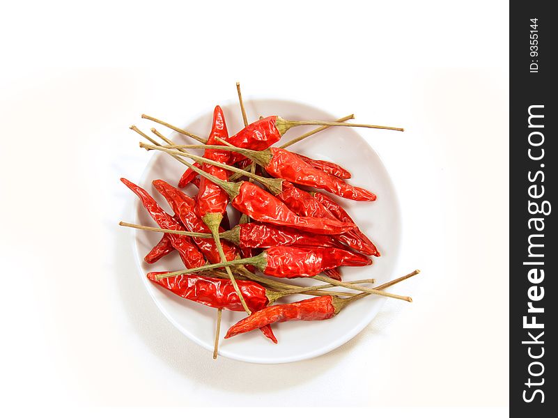 Bowl of red peppers on white background