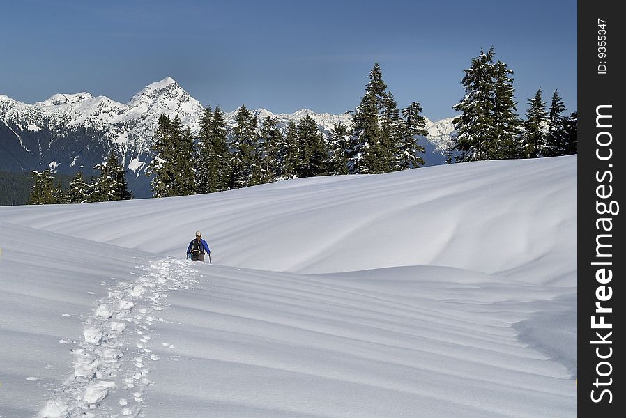 A single woman snowshoes along a snowy hillside meadow with mountain views. A single woman snowshoes along a snowy hillside meadow with mountain views.