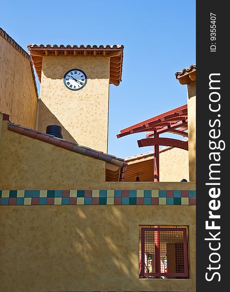 Vintage spanish style building with clock tower in California