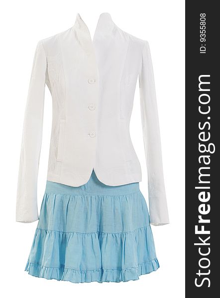 Woman fashion isolated white jacket and blue skirt