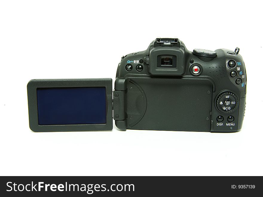 Black digital camera isolated on white