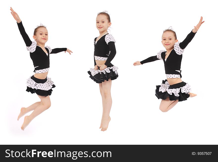 Little handsome jumping girl in three poses on white background