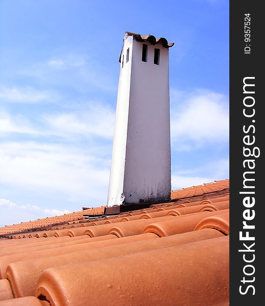 Red Roof With Red Tiles And Chimney
  - close up