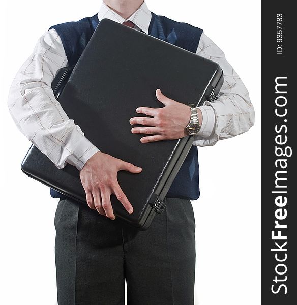 Businessman clasping case to breast isolated