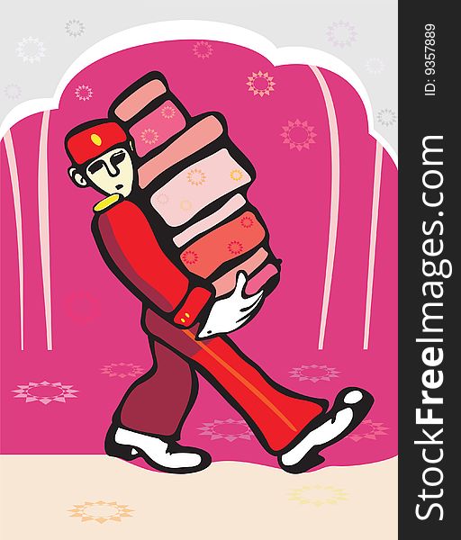 Bell-boy carrying the purchase boxes. Bell-boy carrying the purchase boxes.