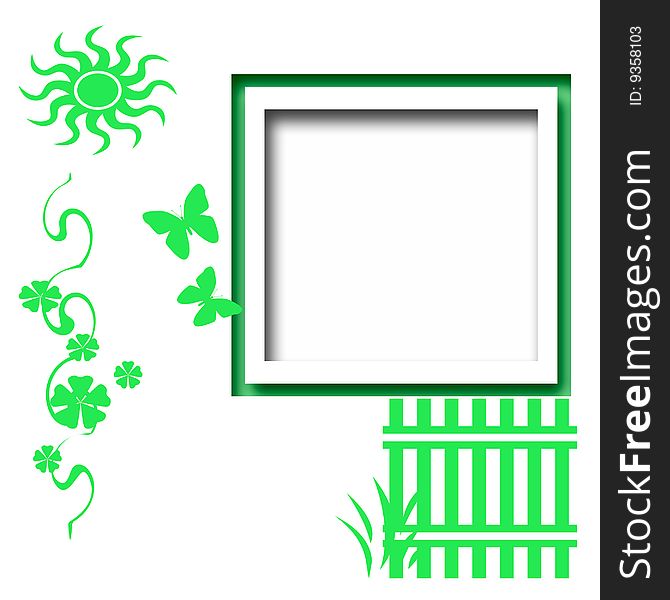 All green illustrated  fence and flowers on white background. All green illustrated  fence and flowers on white background