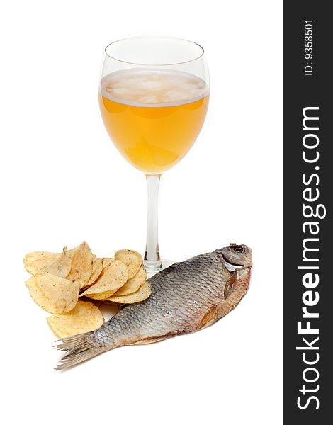 Goblet beer, dried fish and potato chips on white background. Goblet beer, dried fish and potato chips on white background