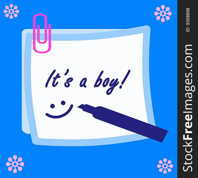 A new born baby-boy card with a note and a little smile. Digital drawing. Coloured picture. A new born baby-boy card with a note and a little smile. Digital drawing. Coloured picture.