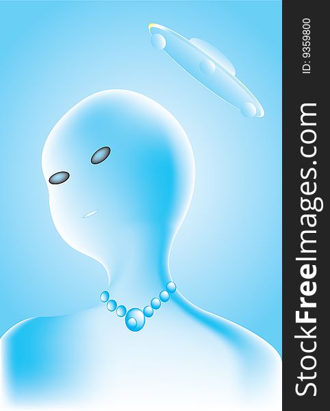 Vector illustration of blue alien and Unidentified flying object
