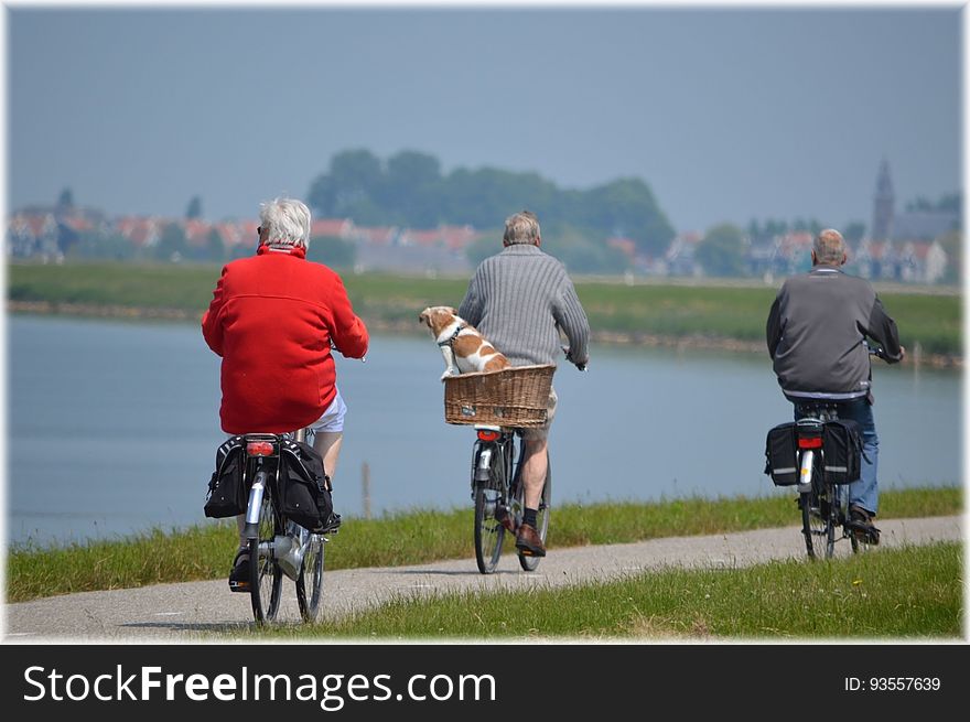 Rear view of three mature people cycling on track by lake with village in background. Rear view of three mature people cycling on track by lake with village in background.