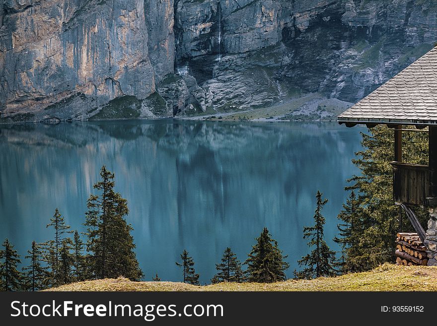 Mountain Lake And Cabin