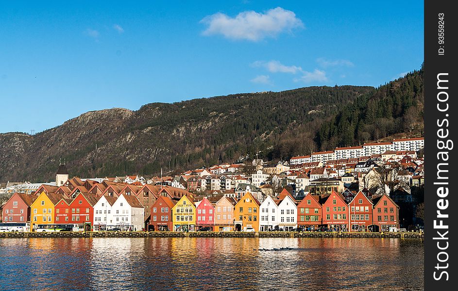 A view from the coast at Bryggen in the city of Bergen in Norway. A view from the coast at Bryggen in the city of Bergen in Norway.