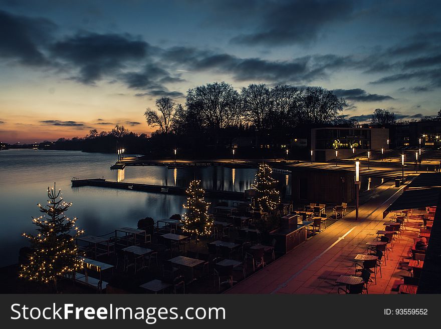 Night view of lake with Holiday lights