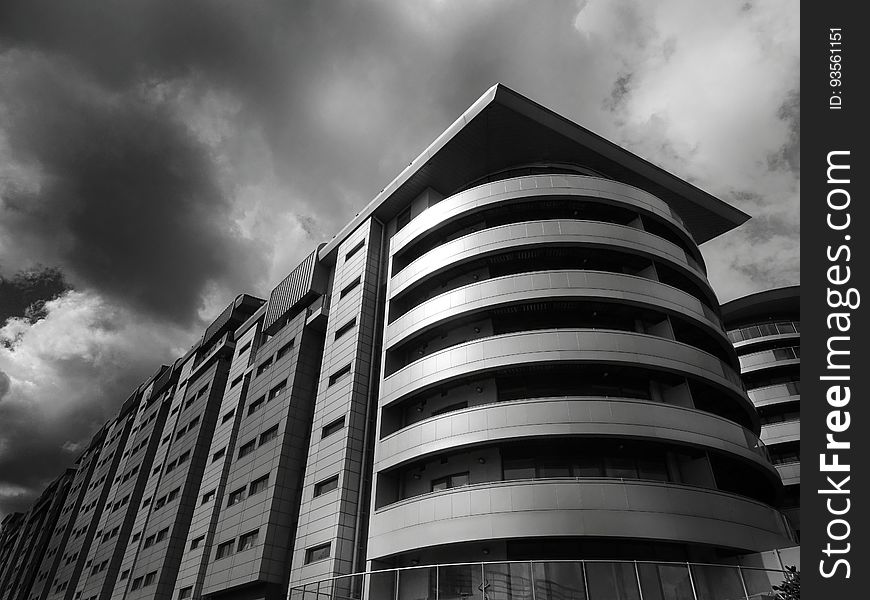 Black and white of modern buildings.