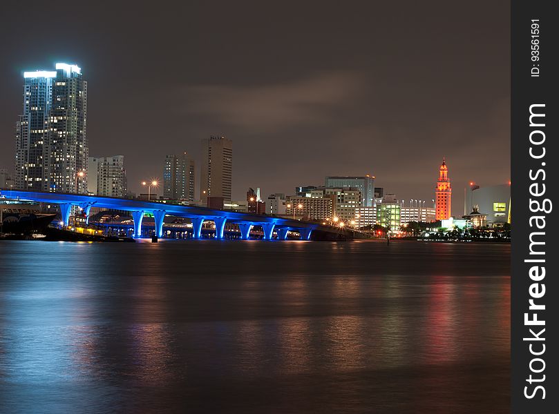 A Miami cityscape at night.