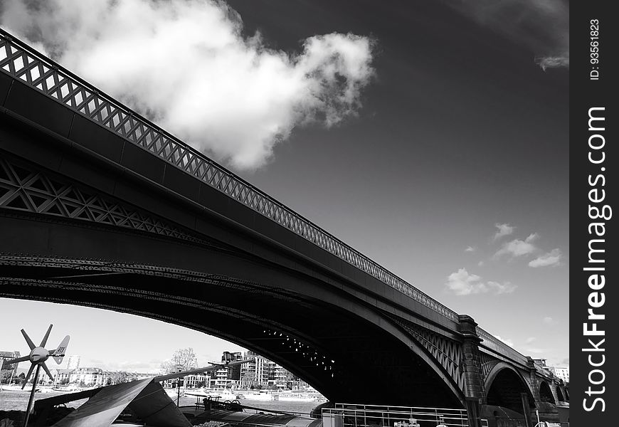An angled shot of the underside of a bridge.