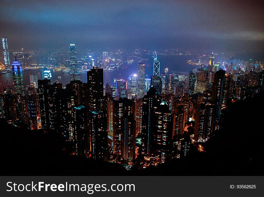 Aerial View Of City Skyline At Night