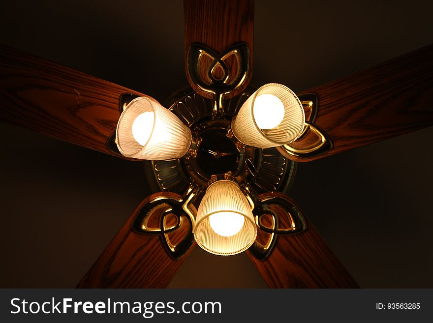 Illuminated bulbs in lighting fixture and ceiling fan indoors. Illuminated bulbs in lighting fixture and ceiling fan indoors.