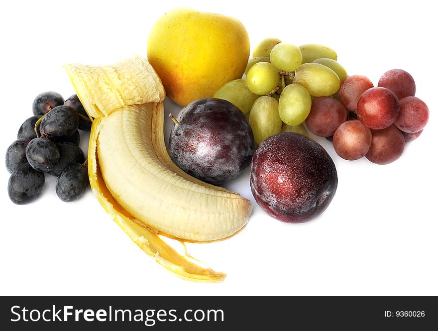 Background with red and green grape,
apple, banana. Background with red and green grape,
apple, banana