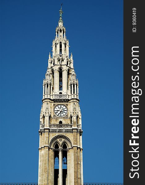 A church steeple in the clear blue sky