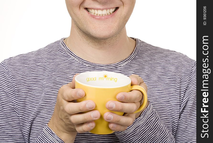 A smiling man with a yellow cup titled Good morning