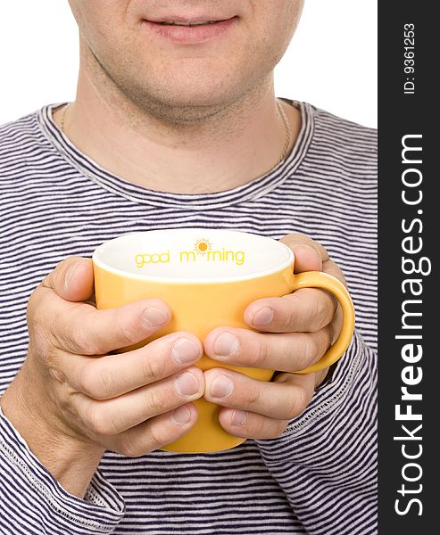 A man with a yellow cup  titled Good morning. A man with a yellow cup  titled Good morning