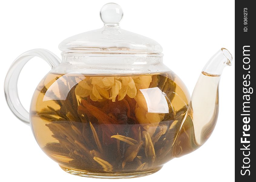 Teapot with green tea on white background with clipping path