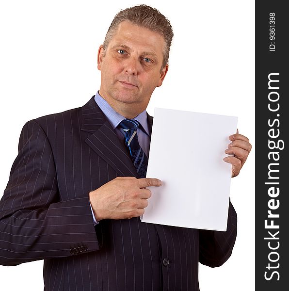 Portrait of a businessman with blank card in a hand. You can just add your text there. Portrait of a businessman with blank card in a hand. You can just add your text there