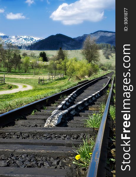 Railway going throught country mountains summer landscape. Railway going throught country mountains summer landscape