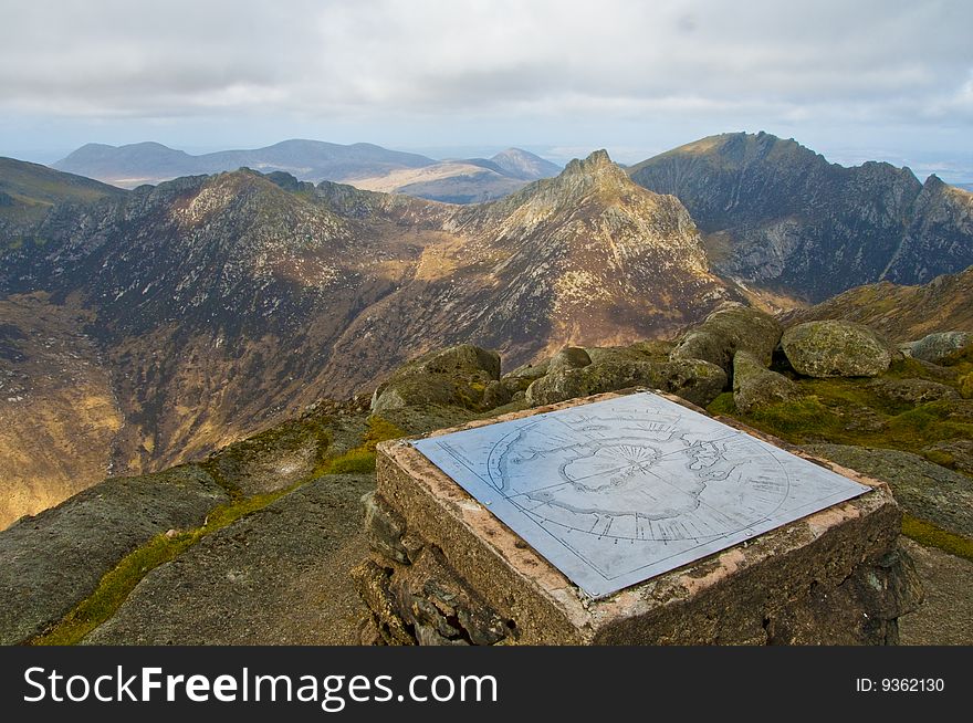 Trig point on Goatfell summit with mountain views