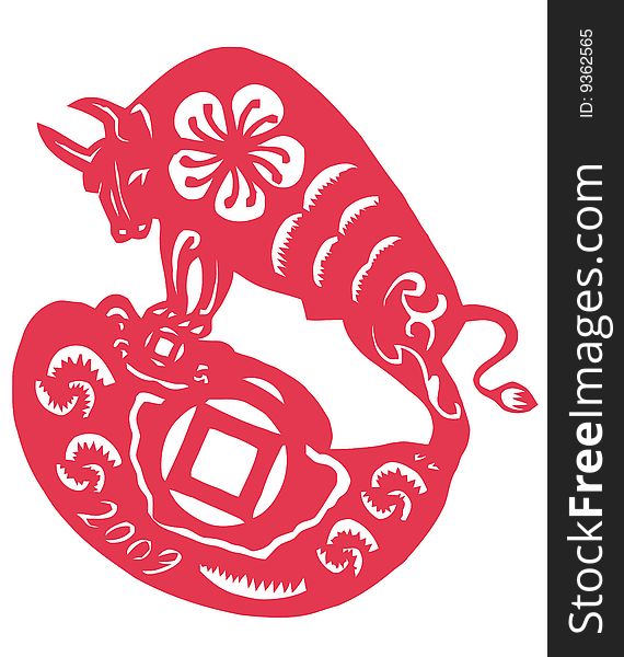 Traditional Chinese culture, paper-cut art, red ox. Traditional Chinese culture, paper-cut art, red ox