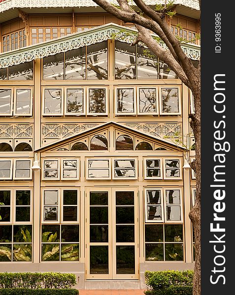 Glass house with wood carving, taken at Vimanmek Palace, Bangkok, Thailand