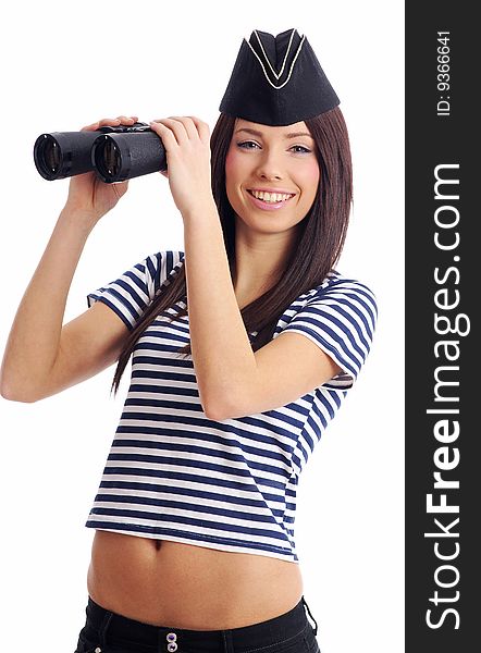 girl in marine uniform holding binocular isolated over white. girl in marine uniform holding binocular isolated over white