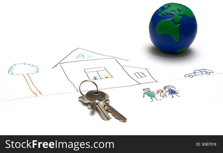 Kid's illustration. home earth and keys. Kid's illustration. home earth and keys