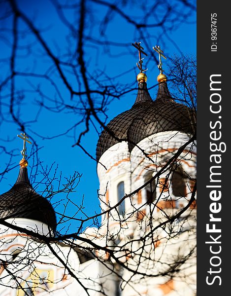 Gold crosses on Cupolas of Slavic Cathedral. Gold crosses on Cupolas of Slavic Cathedral