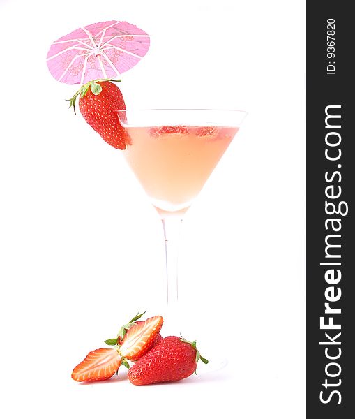 Strawberry cocktail with fruit on white background