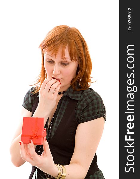 Woman with gift on white background