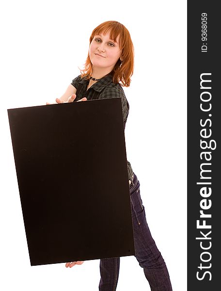 Woman holding black banner on white. Woman holding black banner on white