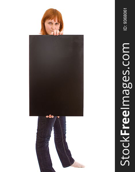 Woman holding black banner on white. Woman holding black banner on white