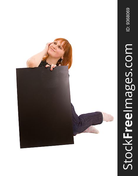 Woman holding black banner on white. Woman holding black banner on white